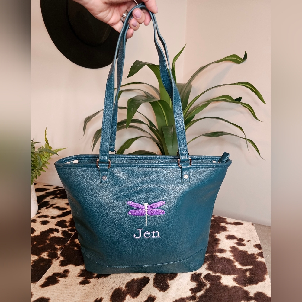 Thirty-One Teal Tote with Purple Dragonfly